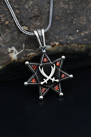Yıldız Motifli Hz. Ali ( Zülfikar Kılıcı ) Kırmızı Zirkon Taşlı Erkek Kolye Zincir 925 Ayar Gümüş 901153