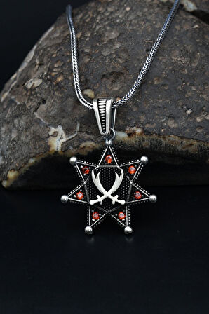 Yıldız Motifli Hz. Ali ( Zülfikar Kılıcı ) Kırmızı Zirkon Taşlı Erkek Kolye Zincir 925 Ayar Gümüş 901153