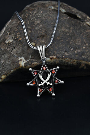 Yıldız Motifli Hz. Ali ( Zülfikar Kılıcı ) Kırmızı Zirkon Taşlı Erkek Kolye Zincir 925 Ayar Gümüş 901153