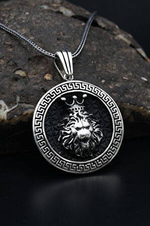 Kral Taclı Aslan Figürlü Grek Desenli 925 Ayar Gümüş Kolye Zincir 901158