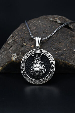 Kral Taclı Aslan Figürlü Grek Desenli 925 Ayar Gümüş Kolye Zincir 901158