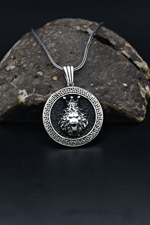 Kral Taclı Aslan Figürlü Grek Desenli 925 Ayar Gümüş Kolye Zincir 901158