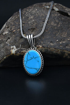 Turkuaz Firuze Taşlı  925 Ayar Gümüş Kolye Zincir 901165