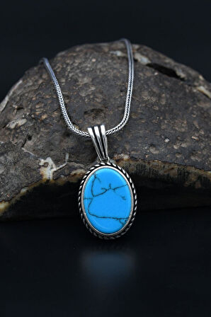 Turkuaz Firuze Taşlı  925 Ayar Gümüş Kolye Zincir 901165