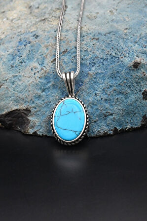 Turkuaz Firuze Taşlı  925 Ayar Gümüş Kolye Zincir 901165
