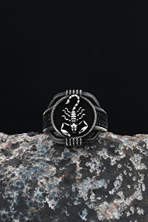 Akrep Figürlü Mikro Taşlı Süslemeli 925 Ayar Gümüş Erkek Yüzüğü 901228