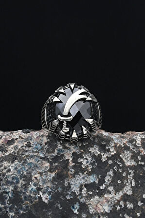 Hz. Ali Zülfikar Figürlü 925 Ayar Gümüş Erkek Yüzüğü Siyah Zirkon Taşlı 901231