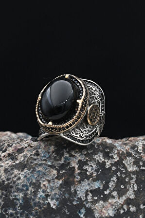 Oniks Taşlı Hz. Süleyman Mührü 925 Ayar Gümüş Erkek Yüzüğü 901237