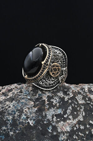 Oniks Taşlı Hz. Süleyman Mührü 925 Ayar Gümüş Erkek Yüzüğü 901237