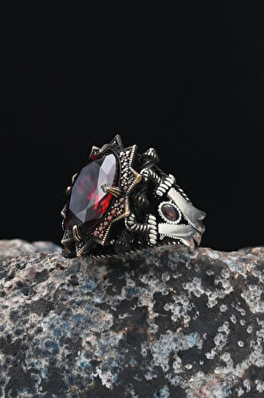 Hz. Ali Zülfikar Figürlü 925 Ayar Gümüş Erkek Yüzüğü Kırmızı Zirkon Taşlı Mikro Taş Süslemeli 901245