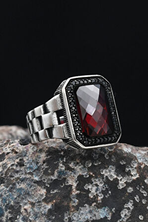 Saat Kordon Tasarımlı 925 Ayar Gümüş Erkek Yüzüğü Kırmızı Zirkon Taşlı 901247