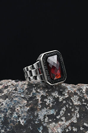 Saat Kordon Tasarımlı 925 Ayar Gümüş Erkek Yüzüğü Kırmızı Zirkon Taşlı 901247