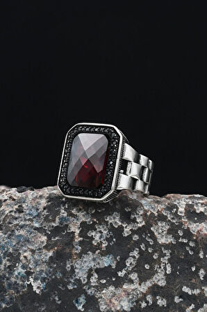 Saat Kordon Tasarımlı 925 Ayar Gümüş Erkek Yüzüğü Kırmızı Zirkon Taşlı 901247