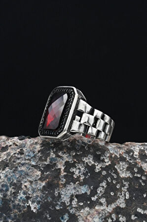 Saat Kordon Tasarımlı 925 Ayar Gümüş Erkek Yüzüğü Kırmızı Zirkon Taşlı 901247
