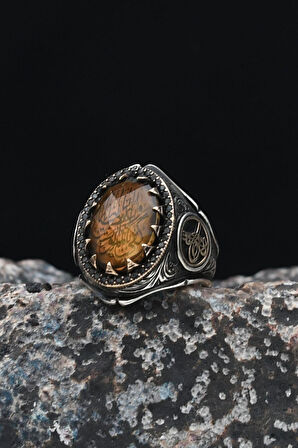 Kefâ Bil-mevt Vaizan Yazlı ve Osmanlı Tuğralı Zultanit Taşlı  925 Ayar Gümüş Erkek Yüzüğü 901260