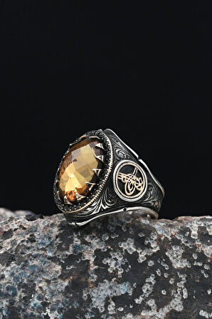 Kefâ Bil-mevt Vaizan Yazlı ve Osmanlı Tuğralı Zultanit Taşlı  925 Ayar Gümüş Erkek Yüzüğü 901260