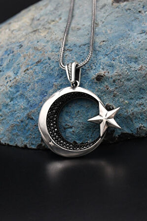 Ay Yıldızlı (AY YILDIZ) 925 Ayar Gümüş Kolye Zincir Siyah Mikro Taş Süslemeli 901262