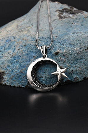 Ay Yıldızlı (AY YILDIZ) 925 Ayar Gümüş Kolye Zincir Siyah Mikro Taş Süslemeli 901262