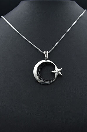 Ay Yıldızlı (AY YILDIZ) 925 Ayar Gümüş Kolye Zincir Siyah Mikro Taş Süslemeli 901262