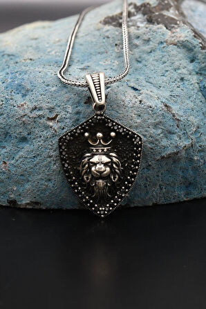 Kral Taçlı Aslan Kafası Figürlü 925 Ayar Erkek Gümüş Kolye Zincir 901282