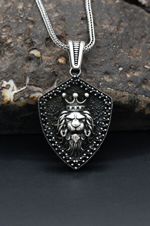 Kral Taçlı Aslan Kafası Figürlü 925 Ayar Erkek Gümüş Kolye Zincir 901282