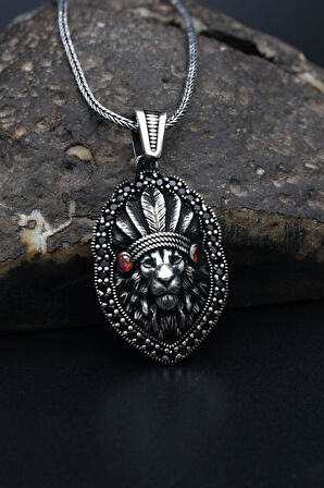 Kızılderili Aslan Figürlü 925 Ayar Erkek Gümüş Kolye Zincir 901306