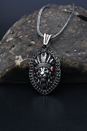 Kızılderili Aslan Figürlü 925 Ayar Erkek Gümüş Kolye Zincir 901306