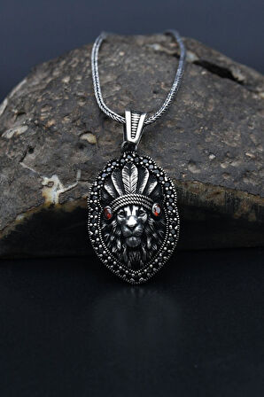 Kızılderili Aslan Figürlü 925 Ayar Erkek Gümüş Kolye Zincir 901306