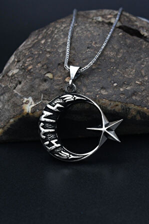 Göktürkçe Türk Yazılı Ay Yıldızlı (AYYILDIZLI) 925 Ayar Erkek Gümüş Kolye Zincir 901307