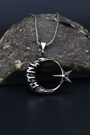 Göktürkçe Türk Yazılı Ay Yıldızlı (AYYILDIZLI) 925 Ayar Erkek Gümüş Kolye Zincir 901307