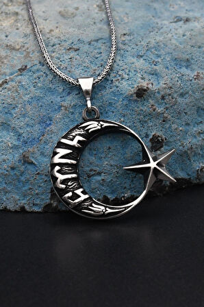 Göktürkçe Türk Yazılı Ay Yıldızlı (AYYILDIZLI) 925 Ayar Erkek Gümüş Kolye Zincir 901307