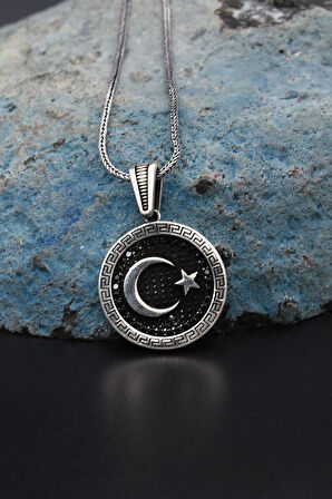 Grek Desenli Ay Yıldızlı (AYYILDIZLI) 925 Ayar Gümüş Kolye Zincir 901310