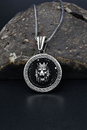 Grek Desenli Kral Taclı Aslan Figürlü 925 Ayar Gümüş Kolye Zincir 901311