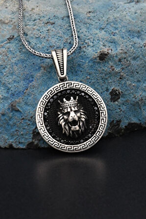 Grek Desenli Kral Taclı Aslan Figürlü 925 Ayar Gümüş Kolye Zincir 901311