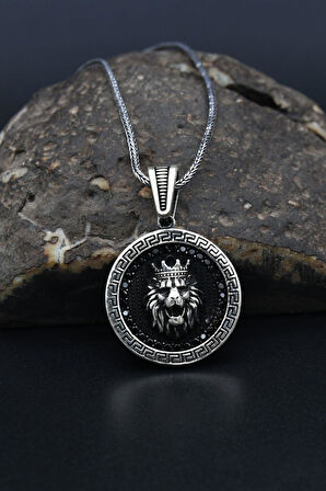 Grek Desenli Kral Taclı Aslan Figürlü 925 Ayar Gümüş Kolye Zincir 901311