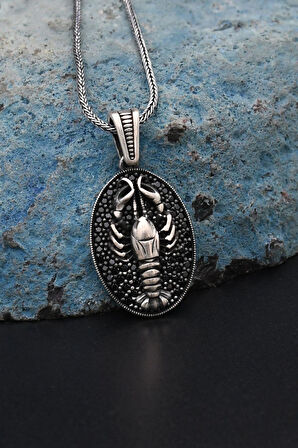 Akrep Figürlü Mikro Taşlı Süslemeli 925 Ayar Erkek Gümüş Kolye Zincir 901314