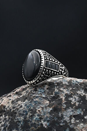 Oniks Taşlı Erkek Yüzüğü 925 Ayar Gümüş Zirkon Taş Süslemeli 901363