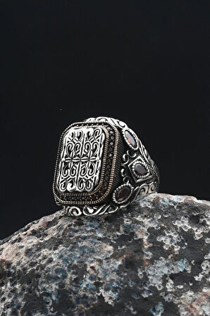 Erkek Yüzüğü Örgü Tasarım Kırmızı Zirkon Taşlı 925 Ayar Gümüş 901371