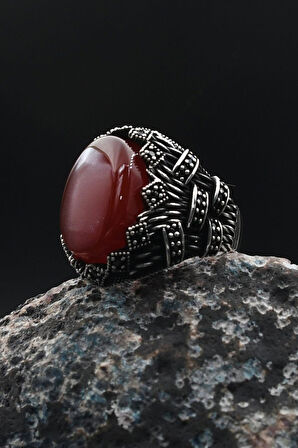 Kırmızı Akik Taşlı 925 Ayar Gümüş Erkek Yüzüğü 901384