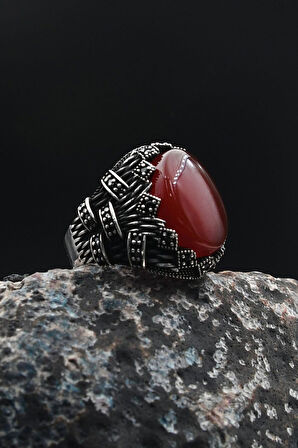 Kırmızı Akik Taşlı 925 Ayar Gümüş Erkek Yüzüğü 901384