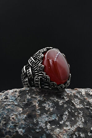 Kırmızı Akik Taşlı 925 Ayar Gümüş Erkek Yüzüğü 901384