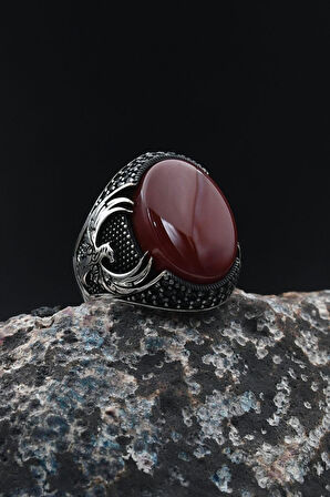 Akik Taşlı Anka Kuşu Figürlü 925 Ayar Gümüş Erkek Yüzüğü 901386