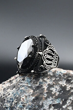 925 Ayar Gümüş Oniks Taşlı Kral Taç Motifli Erkek Yüzüğü Ve 33'lük Doğal Oniks Taşlı Tesbih 901392