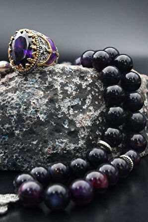 925 Ayar Gümüş Erkek Yüzüğü Ametist Taşlı Ve 33'lük Ametist Taşlı Tesbih 901397