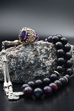 925 Ayar Gümüş Erkek Yüzüğü Ametist Taşlı Ve 33'lük Ametist Taşlı Tesbih 901397