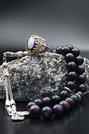 925 Ayar Gümüş Erkek Yüzüğü Ametist Taşlı Ve 33'lük Ametist Taşlı Tesbih 901397