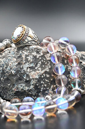 925 Ayar Gümüş Mistik Topaz Taşlı Erkek Yüzüğü Ve 33'lük Termal Kuvars Taşlı Tesbih 901399