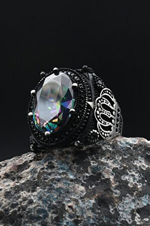 925 Ayar Gümüş Mistik Topaz Taşlı Kral Taç Motifli Erkek Yüzüğü Ve 33'lük Termal Kuvars Taşlı Tesbih 901400