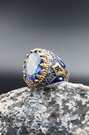 925 Ayar Gümüş Mistik Topaz Taşlı Erkek Yüzüğü Ve 33'lük Doğal Termal Kuvars Taşlı Tesbih 901404