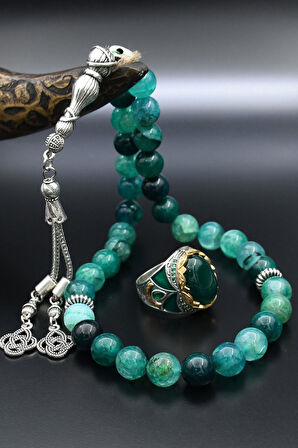 Doğal Damarlı Akik Taşlı Tesbih Ve 925 Ayar Gümüş Erkek Yüzüğü Yeşil Akik Taşlı 901412